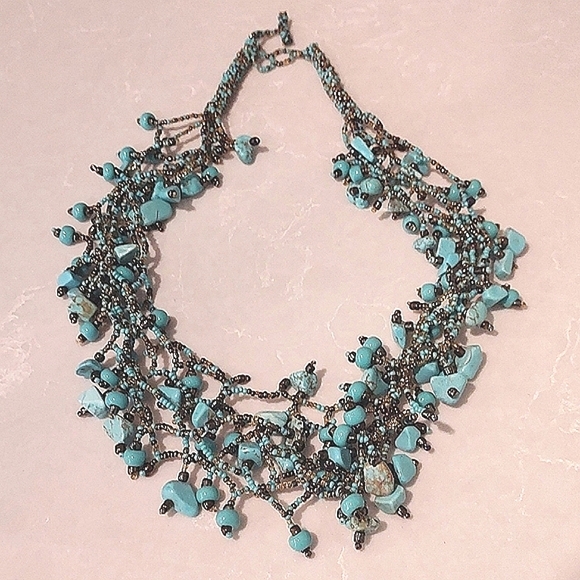 Multi Strand Handmade Turquoise and Bronze Beaded Necklace - Picture 3 of 12